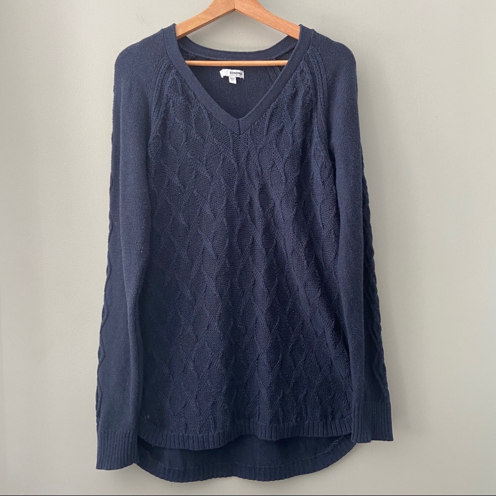 Sonoma Cable Leaf V-Neck Tunic Sweater XL Blue